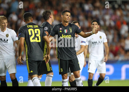 September 19, 2018 - Valencia, Spain - Cristiano Ronaldo of Juventus FC reacts after arguing with Jeison Murillo of Valencia CF during the UEFA Champions League, Group H football match between Valencia CF and Juventus FC on September 19, 2018 at Mestalla stadium in Valencia, Spain (Credit Image: © Manuel Blondeau via ZUMA Wire) Stock Photo