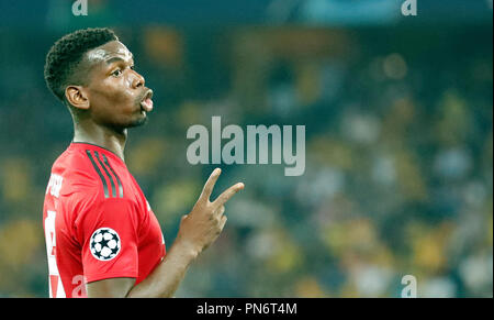 Bern, Switzerland. 19th Sep, 2018. Manchester United's Paul Pogba celebrates scoring during the UEFA Champions League Group H match between BSC Young Boys and Manchester United at the Stade de Suisse Stadium in Bern, Switzerland, Sept. 19, 2018. Manchester United won 3-0. Credit: Ruben Sprich/Xinhua/Alamy Live News Stock Photo