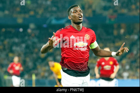 Bern, Switzerland. 19th Sep, 2018. Manchester United's Paul Pogba celebrates scoring during the UEFA Champions League Group H match between BSC Young Boys and Manchester United at the Stade de Suisse Stadium in Bern, Switzerland, Sept. 19, 2018. Manchester United won 3-0. Credit: Ruben Sprich/Xinhua/Alamy Live News Stock Photo