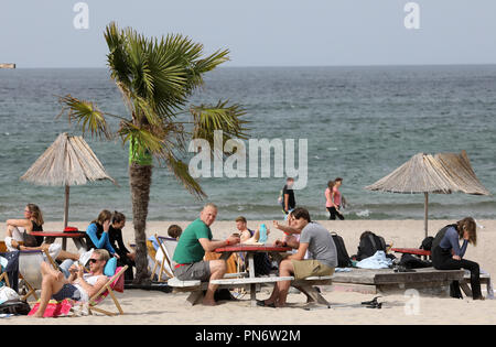 20 September 2018, Mecklenburg-Western Pomerania, Rostock: Guests sit at the beach bar of the surf school. In the coming days clouds, wind and colder temperatures are expected. Photo: Bernd Wüstneck/dpa-Zentralbild/dpa Stock Photo
