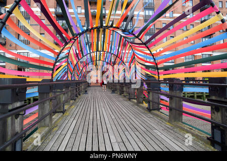 London,UK,20th September 2018,Another installation on the Southbank is the Gateway to Inclusion, created by Lisa White, head of lifestyle and interiors at WGSN alongside designer François Dumas. It is a pavilion on behalf of Saint-Étienne, in France. It is a structure made of steel and ribbon, and is a tribute to Saint Étienne’s traditional industries. It is placed on a jetty overlooking the River Thames. Credit: Keith Larby/Alamy Live News Stock Photo
