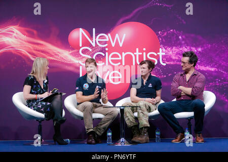 Astronaut Tim Peak and explorers Nics Wetherill and Will Millard tell  Valerie Jamieson of New Scientist Live, about life in Space and the wild corners of Earth  in a talk entitled 'To the End of the Earth and Beyond' Stock Photo