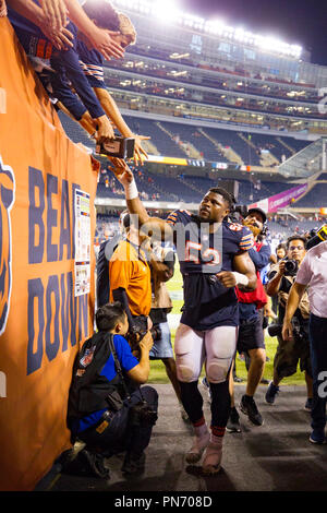 Chicago, Illinois, USA. 17th Sep, 2018. - Bears #52 Khalil Mack signs autographs after the NFL Game between the Seattle Seahawks and Chicago Bears at Soldier Field in Chicago, IL. Photographer: Mike Wulf Credit: csm/Alamy Live News Stock Photo