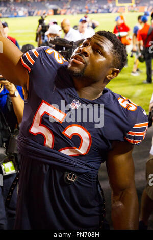 Chicago, Illinois, USA. 17th Sep, 2018. - Bears #52 Khalil Mack signs autographs after the NFL Game between the Seattle Seahawks and Chicago Bears at Soldier Field in Chicago, IL. Photographer: Mike Wulf Credit: csm/Alamy Live News Stock Photo