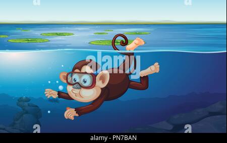 A monkey diving in the pond illustration Stock Vector