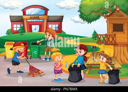 Volunteer kids collecting trash at school illustration Stock Vector