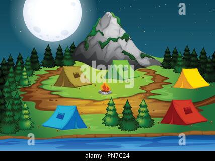 Camping in the forest at night illustration Stock Vector