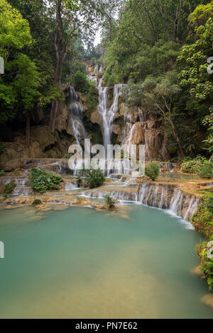 Beautiful view of the main fall at the Tat Kuang Si Waterfalls near Luang Prabang in Laos. Stock Photo
