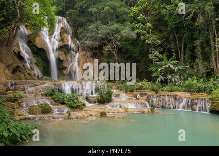 Beautiful view of the main fall at the Tat Kuang Si Waterfalls near Luang Prabang in Laos. Stock Photo