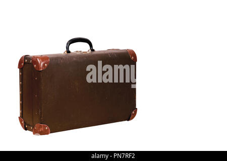 close-up of a old shabby in travel leather suitcase on white background Stock Photo