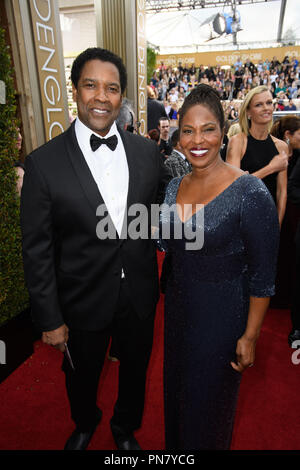 Nominated for BEST PERFORMANCE BY AN ACTOR IN A MOTION PICTURE – DRAMA for his role in 'Fences,' actor Denzel Washington and Pauletta Washington attend the 74th Annual Golden Globes Awards at the Beverly Hilton in Beverly Hills, CA on Sunday, January 8, 2017.  File Reference # 33198 387JRC  For Editorial Use Only -  All Rights Reserved Stock Photo