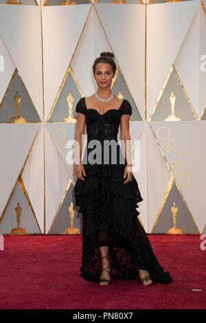 BEVERLY HILLS, LOS ANGELES, CA, USA - FEBRUARY 26: Actress Alicia Vikander  wearing a Louis Vuitton dress and Bulgari jewelry arrives at the 2017  Vanity Fair Oscar Party held at the Wallis