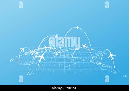 Airline routes with planes on world map in perspective on blue Stock Vector