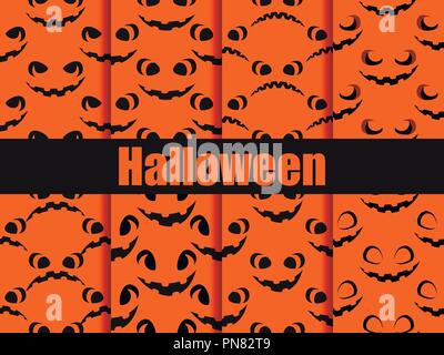 Halloween seamless patterns set. Scary faces, jack-o-lantern pumpkin icon. Vector illustration Stock Vector