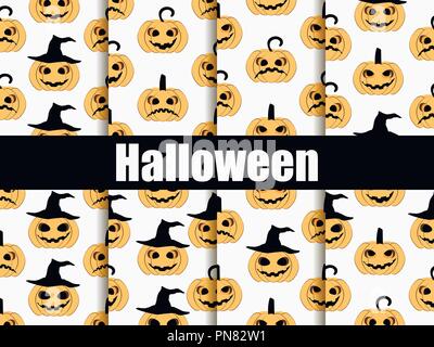 Halloween seamless patterns set. Scary faces, jack-o-lantern pumpkin icon. Vector illustration Stock Vector