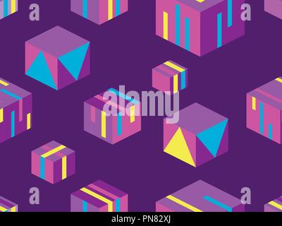 Isometric squares seamless pattern. Geometric elements of memphis style, 3d objects. Vector illustration Stock Vector