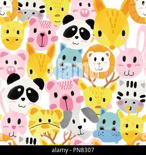 watercolour cute animal faces pattern seamless Stock Vector