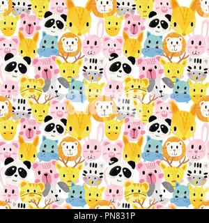 watercolour cute animal faces pattern seamless Stock Vector