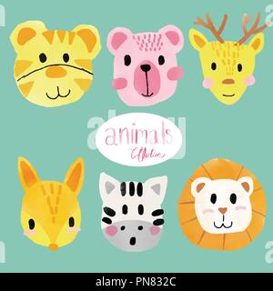 watercolour cute animal faces, lion, tiger, bear, deer, horse, fox Stock Vector