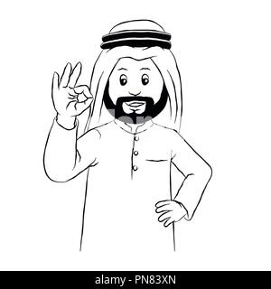 Cartoon Arab Muslim man gesturing OK sign, Hand drawn for coloring book - Vector Illustration. Stock Vector