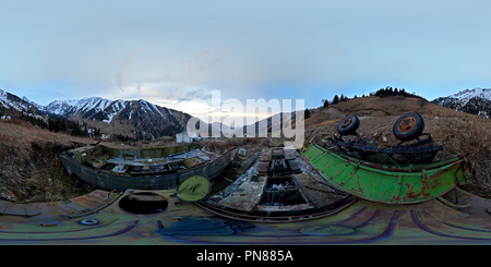 360 degree panoramic view of Old snow vehicles left near Medeu, Kazakhstan