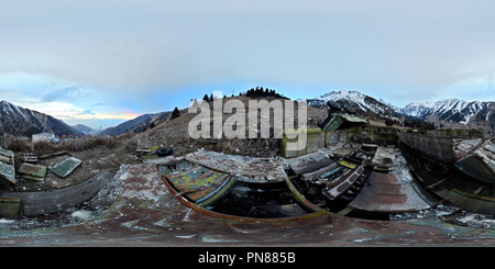 360 degree panoramic view of Chimbulak, abandoned snow vehicles