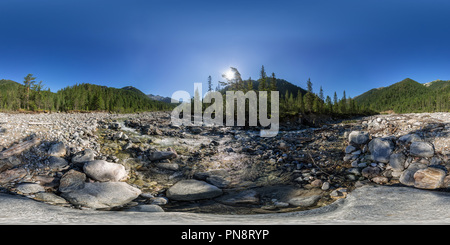360 degree panoramic view of Spherical vr panorama 360 180 mountain river flowing in the forest among the stones