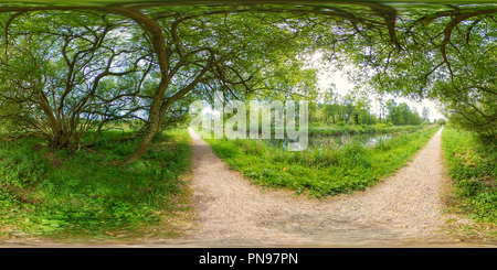 360 degree panoramic view of River Itchen at Winnall Moors Nature Reserve in Winchester