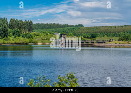 View over the Alwen Reservoir with the dam in the background, Conwy, Wales, UK Stock Photo