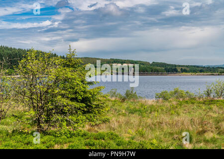 View over the Alwen Reservoir with the dam in the background, Conwy, Wales, UK Stock Photo