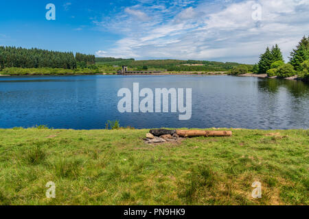 View over the Alwen Reservoir with the dam in the background, Conwy, Wales, UK Stock Photo