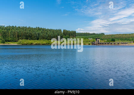 View over the Alwen Reservoir with the dam in the background, Conwy, Wales, UK Stock Photo