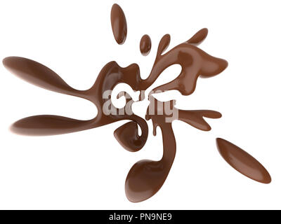 Abstract splash of liquid chocolate isolated on white background. 3d rendering. Stock Photo