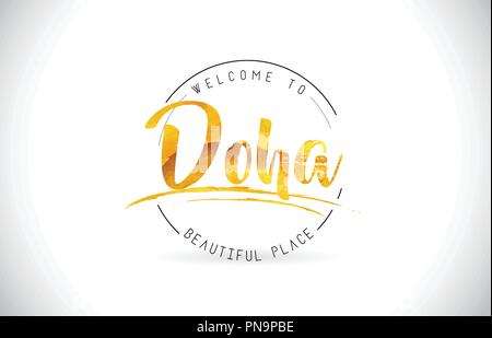 Doha Welcome To Word Text with Handwritten Font and Golden Texture Design Illustration Vector. Stock Vector