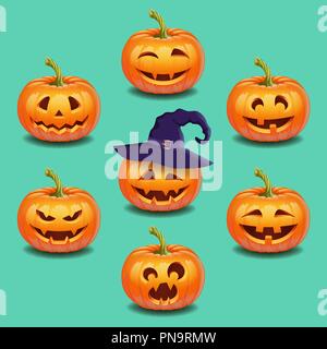 Set of bright colorful halloween pumpkins face, emotion. Stock Vector