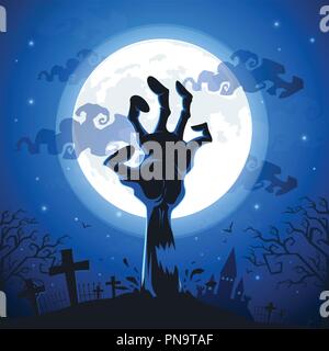 Halloween background with zombie hands on full moon. Stock Vector