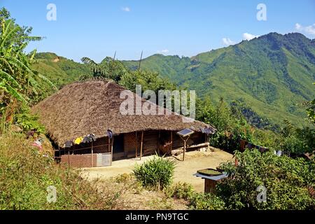 Wodden long house in Longwa tribal village, Mon, Nagaland, India, Myanmar Stock Photo