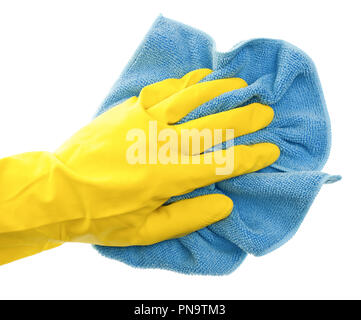 Hand in yellow protective glove  with blue duster on white background Stock Photo
