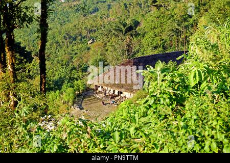 Wodden long house in Longwa tribal village, Mon, Nagaland, India, Myanmar Stock Photo