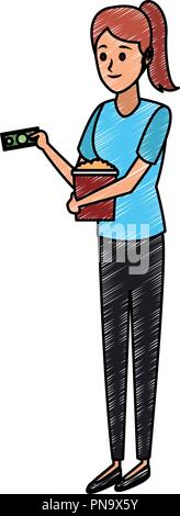 Young woman with popcorn and cash scribble Stock Vector