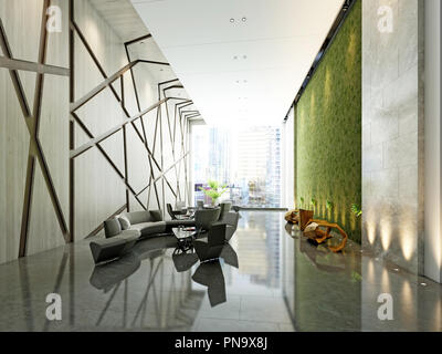 Interior of modern hotel lobby area and reception desk, 3D Rendering ...