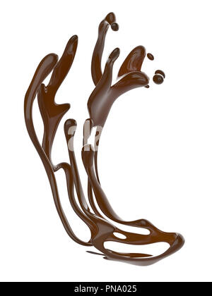 Abstract splash of liquid chocolate isolated on white background. 3d rendering. Stock Photo