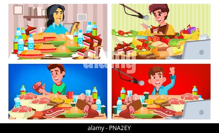 Mukbang Eating Show Vector. Girl, Guy. Eating Show. Recording. Online Live Broadcast. Asian Social Media. Cooking A Lot Of Food. Korean. Illustration Stock Vector