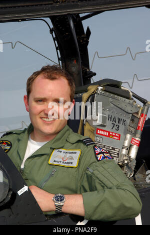 Pilot Matt Barker RAF Royal Air Force solo BAe Hawk air display pilot sitting in the cockpit of a Hawk T1 with ejector seat canopy with detonator cord Stock Photo