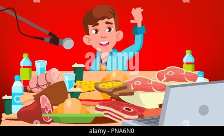 Mukbang Eating Show Vector. Guy. Food Challenge. Video Blog Channel. Illustration Stock Vector