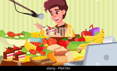 Mukbang Eating Show Vector. Girl. Cooking A Lot Of Food. Korean Social Media. Illustration Stock Vector