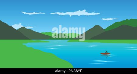 lonely canoeing on the river adventure in the summer with green mountain landscape vector illustration EPS10 Stock Vector