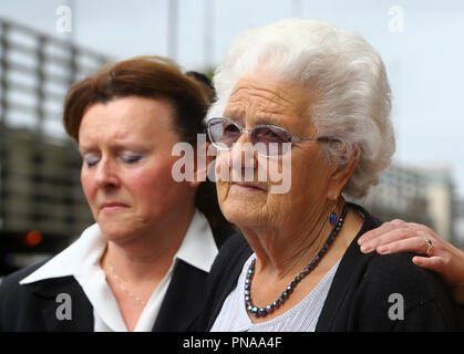 Rosemary Bird (right) sister of Joan Blaber, outside the Jury's Inn hotel in Brighton, following the inquest into the death of Joan Blaber, who died after drinking Flash floor cleaner at the hospital last year. Stock Photo