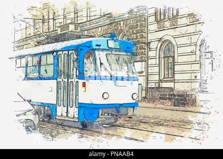 Sketch with watercolor or illustration of a traditional old tram moving down the street in Riga in Latvia. Stock Photo