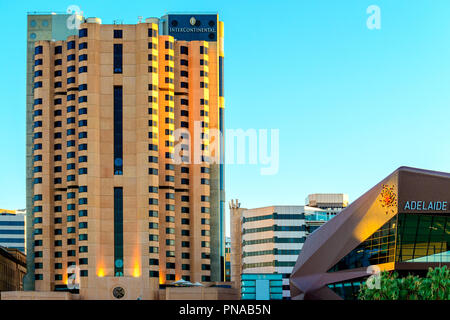 Adelaide, Australia - January 26, 2018: Hotel Intercontinental Adelaide building viewed from Elder Park at sunset towards south. Stock Photo